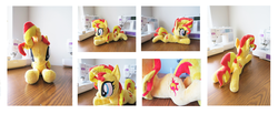 Size: 1024x422 | Tagged: safe, artist:kazzysart, sunset shimmer, pony, unicorn, g4, beanie (plushie), irl, photo, plushie, prone, solo