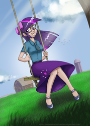 Size: 1500x2100 | Tagged: safe, artist:burning-heart-brony, twilight sparkle, human, g4, bow, clothes, female, glasses, hair bow, humanized, long skirt, looking at you, necktie, shirt, shoes, skirt, smiling, solo, sweet apple acres, swing