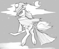 Size: 1000x830 | Tagged: safe, artist:graboiidz, twilight sparkle, g4, broom, cape, clothes, cloud, female, flying, flying broomstick, grayscale, looking at you, looking back, monochrome, moon, night, night sky, smiling, solo, stars, underhoof