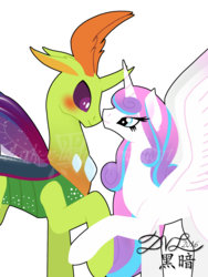 Size: 1024x1365 | Tagged: safe, artist:dark-x-light, princess flurry heart, thorax, changedling, changeling, g4, to where and back again, bedroom eyes, blushing, changeling king, crack shipping, eye contact, holding hooves, king thorax, male, older, raised hoof, ship:flurrax, shipping, simple background, smiling, spread wings, straight, transparent background, watermark