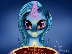 Size: 1400x1050 | Tagged: safe, artist:pony-stark, trixie, pony, unicorn, g4, cake, female, food, happy birthday, mare, solo