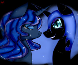 Size: 3000x2500 | Tagged: safe, artist:kyoraayako, nightmare moon, princess luna, g4, crying, duality, high res