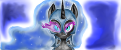 Size: 1354x560 | Tagged: safe, artist:girlscoutdragon, nightmare moon, g4, bust, female, looking at you, portrait, smirk, solo