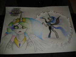 Size: 960x720 | Tagged: safe, artist:girlscoutdragon, nightmare moon, princess celestia, g4, traditional art