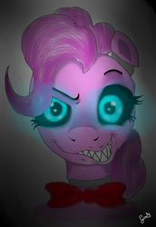 Size: 693x1008 | Tagged: safe, artist:girlscoutdragon, pinkie pie, g4, black sclera, bowtie, creepy, crossover, female, five nights at freddy's, looking at you, sharp teeth, solo