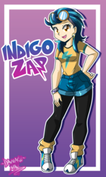 Size: 1800x3000 | Tagged: safe, artist:danmakuman, indigo zap, human, equestria girls, g4, my little pony equestria girls: friendship games, clothes, commission, converse, crystal prep shadowbolts, female, goggles, looking at you, open mouth, shoes, shorts, smiling, sneakers, solo