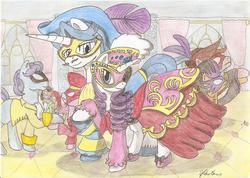 Size: 2336x1662 | Tagged: safe, artist:stardustchild01, fancypants, rarity, oc, g4, clothes, dress, male, masquerade ball, masquerade mask, ship:raripants, shipping, straight, traditional art