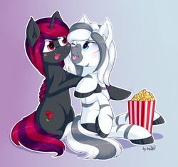 Size: 1600x1500 | Tagged: safe, alternate version, artist:dsp2003, oc, oc only, oc:radiance the zony, oc:silkenshire rose, hybrid, pony, unicorn, zony, female, food, open mouth, popcorn, raspberry noise, siblings, simple background, textless, tongue out