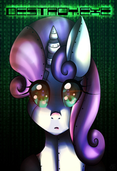 Size: 713x1036 | Tagged: safe, artist:starshame, sweetie belle, pony, robot, robot pony, unicorn, g4, abstract background, bust, destroy, female, filly, looking at you, portrait, solo, sweetie bot, text, the matrix
