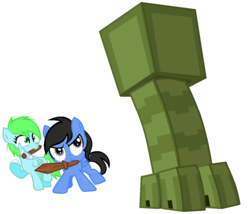 Size: 1140x978 | Tagged: safe, artist:starshame, oc, pegasus, pony, colt, creeper, crossover, diamond pickaxe, female, filly, foal, male, minecraft, mouth hold, pickaxe, simple background, sword, weapon, white background, wooden sword