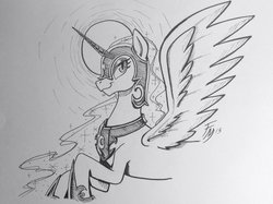 Size: 1024x765 | Tagged: safe, artist:sketch-fox, nightmare moon, g4, female, grayscale, inktober, monochrome, moon, solo, spread wings, traditional art