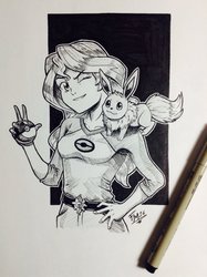 Size: 765x1024 | Tagged: safe, artist:sketch-fox, sunset shimmer, eevee, equestria girls, g4, crossover, grayscale, hand on hip, inktober, monochrome, one eye closed, peace sign, poké ball, pokémon, traditional art, wink
