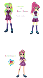 Size: 796x1434 | Tagged: safe, artist:the-75th-hunger-game, lemon zest, sour sweet, oc, oc:lemonsweet, equestria girls, g4, bowtie, clothes, crossed arms, crystal prep academy uniform, eyeshadow, four arms, freckles, fusion, fusion:lemon zest, fusion:sour sweet, fusion:sourzest, gradient hair, hand on hip, heterochromia, jacket, lidded eyes, makeup, multiple arms, pleated skirt, ponytail, school uniform, simple background, skirt, socks, standing, unamused, vest, white background