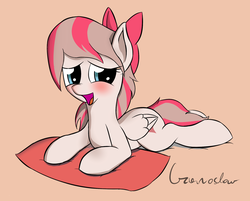Size: 1863x1500 | Tagged: safe, artist:czaroslaw, angel wings, pony, g4, top bolt, blushing, bow, cute, female, hair bow, lying down, open mouth, pillow, prone, solo, sploot