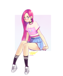 Size: 1500x1800 | Tagged: safe, artist:pastelpig, pinkie pie, human, g4, blushing, clothes, collar, ear piercing, earring, female, humanized, jewelry, legs, midriff, piercing, pinkamena diane pie, pleated skirt, shirt, shoes, skirt, sneakers, socks, solo, tumblr nose