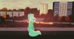 Size: 720x387 | Tagged: safe, artist:subway777, edit, lyra heartstrings, pony, unicorn, g4, animated, city, female, gif, looking away, mare, plattenbau, pony on earth, roof, rooftop, russia, russian, sitting, solo, tram, windswept mane