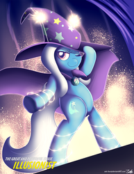 Size: 1275x1650 | Tagged: safe, artist:zelc-face, trixie, pony, g4, bipedal, female, flashing lights, solo, sparks, stage, trixie's cape, trixie's hat, wink