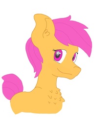 Size: 1877x2063 | Tagged: safe, artist:andandampersand, derpibooru exclusive, scootaloo, g4, bust, colored, digital, female, filly, fluffy, i forgot the damn wings again, simple background, smiling, solo, wip