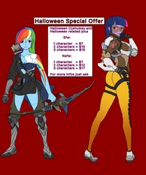 Size: 1240x1484 | Tagged: safe, artist:linedraweer, rainbow dash, twilight sparkle, dragon, equestria girls, g4, arrow, ass, bow (weapon), bow and arrow, breasts, butt, cleavage, crossover, female, finger bite, halloween, hanzo, height difference, overwatch, tattoo, tracer, twilight sparkle (alicorn), weapon