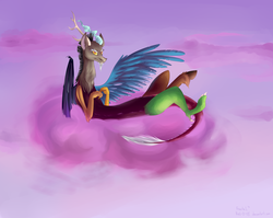Size: 6400x5100 | Tagged: safe, artist:weird--fish, discord, draconequus, g4, absurd resolution, cloud, cotton candy, cotton candy cloud, food, male, on back, solo