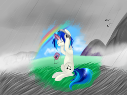 Size: 3072x2304 | Tagged: safe, artist:weird--fish, dj pon-3, vinyl scratch, pony, unicorn, g4, eyes closed, female, headphones, high res, magic, mp3 player, rain, rainbow, smiling, solo, telekinesis