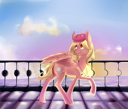 Size: 2264x1927 | Tagged: oc name needed, safe, artist:weird--fish, oc, oc only, pegasus, pony, hat, ocean, promenade, smiling, solo, sunset