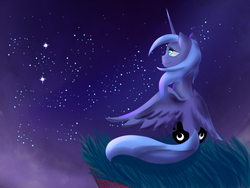 Size: 2048x1536 | Tagged: safe, artist:weird--fish, princess luna, alicorn, pony, g4, both cutie marks, colored pupils, female, night, night sky, s1 luna, smiling, solo, spread wings, stars, windswept mane