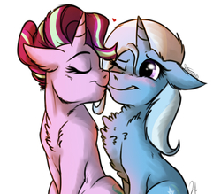 Size: 800x700 | Tagged: safe, artist:shimazun, starlight glimmer, trixie, pony, unicorn, g4, boop, chest fluff, cute, female, floppy ears, fluffy, grin, heart, kissing, lesbian, mare, nose wrinkle, noseboop, one eye closed, ship:startrix, shipping, simple background, smiling, white background, wink