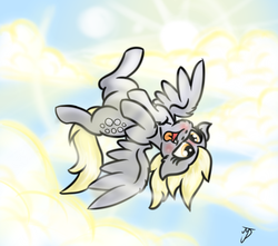 Size: 1222x1080 | Tagged: safe, artist:takutanuvataio, derpy hooves, pony, g4, blushing, cute, female, floppy ears, flying, silly, silly pony, sky, solo, tongue out, upside down