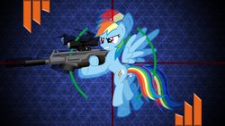 Size: 1191x670 | Tagged: safe, artist:itchykitchy, artist:laszlvfx, edit, rainbow dash, pegasus, pony, g4, cutie mark, double, female, floating, flying, gun, hooves, mare, optical sight, rifle, sniper rifle, solo, spread wings, teeth, vector, wallpaper, wallpaper edit, weapon, wings