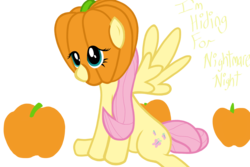Size: 1800x1200 | Tagged: safe, artist:thelastenforcement, fluttershy, g4, cute, female, food, headdress, hiding, nightmare night, pumpkin, shyabetes, simple background, sitting, solo, speech, spread wings, transparent background