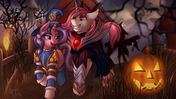 Size: 3840x2160 | Tagged: safe, artist:sugaryviolet, oc, oc only, oc:intrepid charm, oc:silverthread, pony, unicorn, female, fire, food, halloween, harrowing, high res, jack-o-lantern, league of legends, male, nightmare night, pumpkin, scary, spooky