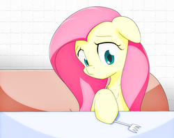 Size: 1591x1259 | Tagged: safe, artist:ando, fluttershy, g4, the saddle row review, female, floppy ears, fork, looking at something, scene interpretation, solo, table, unsure