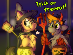 Size: 4336x3259 | Tagged: safe, artist:ralek, oc, oc only, oc:digital import, oc:kribbles, devil, earth pony, hippogriff, pony, broom, clothes, costume, devil horns, fake teeth, food, halloween, hat, holiday, jack-o-lantern, nightmare night, pumpkin, pumpkin bucket, talking, talons, text, tongue out, trick or treat, witch, witch hat, young