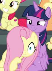 Size: 507x687 | Tagged: safe, screencap, apple bloom, applejack, fluttershy, twilight sparkle, alicorn, pony, g4, newbie dash, cropped, cutie mark, female, filly, hair over one eye, lidded eyes, out of context, shipping fuel, the cmc's cutie marks, twilight sparkle (alicorn)