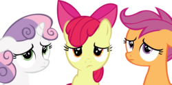 Size: 15980x7873 | Tagged: safe, artist:cyanlightning, apple bloom, scootaloo, sweetie belle, earth pony, pegasus, pony, unicorn, g4, .svg available, absurd resolution, apple bloom's bow, bow, bust, cutie mark crusaders, female, filly, floppy ears, foal, hair bow, puppy dog eyes, ribbon, simple background, transparent background, vector