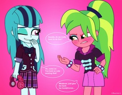 Size: 2432x1888 | Tagged: safe, artist:php198, lemon zest, sonata dusk, equestria girls, g4, my little pony equestria girls: friendship games, my little pony equestria girls: rainbow rocks, blushing, clothes swap, female, lemonata, lesbian, ponytail, shipping