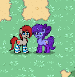 Size: 524x536 | Tagged: safe, artist:seafooddinner, oc, oc only, oc:ponepony, oc:seafood dinner, earth pony, pony, unicorn, pony town, :p, angry, animated, boop, bow, clothes, duo, duo female, earth pony oc, female, frown, gif, grass, hair bow, horn, lidded eyes, loop, mare, open mouth, open smile, outdoors, pixel art, smiling, socks, standing, striped socks, tongue out, unicorn oc