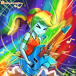 Size: 750x750 | Tagged: safe, artist:lumineko, rainbow dash, equestria girls, g4, my little pony equestria girls: legend of everfree, alternate hairstyle, clothes, crystal gala, dress, electric guitar, eyes closed, female, guitar, guitar pick, music notes, musical instrument, patreon, patreon logo, playing, signature, solo, speedpaint