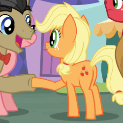 Size: 504x504 | Tagged: safe, screencap, applejack, big macintosh, filthy rich, spoiled rich, earth pony, pony, g4, where the apple lies, animated, butt, cropped, cute, gif, happy, hoofshake, jackabetes, male, perfect loop, plot, ship:spoilthy, solo focus, spoiled milk, stallion, teenage applejack, teenage big macintosh
