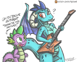 Size: 1300x1048 | Tagged: safe, artist:flutterthrash, princess ember, spike, dragon, anthro, g4, breasts, busty princess ember, dialogue, dragonforce, electric guitar, female, guitar, guitar hero, guitar hero iii, heavy metal, metal, musical instrument, patreon, patreon logo, power metal, question mark, rhythm game, that dragon sure does love guitars, through the fire and flames