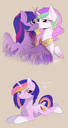 Size: 1032x1920 | Tagged: dead source, safe, artist:magnaluna, princess celestia, twilight sparkle, oc, oc:lumina, alicorn, pony, unicorn, g4, :t, boop, colored wings, colored wingtips, eye contact, female, fluffy, horn, kissing, lesbian, lidded eyes, looking at each other, looking at you, magical lesbian spawn, noseboop, offspring, parent:princess celestia, parent:twilight sparkle, parents:twilestia, prone, ship:twilestia, shipping, smiling, spread wings, twilight sparkle (alicorn), unicorn oc