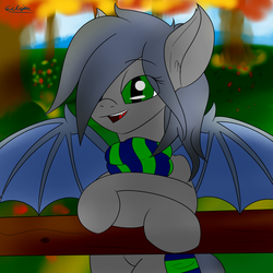 Size: 1500x1500 | Tagged: safe, artist:eclipsepenumbra, oc, oc only, oc:eclipse penumbra, bat pony, pony, autumn, bat wings, clothes, crossed hooves, fangs, hair over one eye, looking at you, scarf, smiling, solo