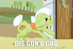 Size: 723x485 | Tagged: safe, edit, edited screencap, screencap, granny smith, g4, where the apple lies, animated, caption, chair, dis gon b gud, female, gif, meme, ponies are stretchy, reaction image, solo, stretchy, text