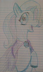 Size: 902x1500 | Tagged: safe, artist:tacodeltaco, trixie, pony, unicorn, g4, cape, clothes, crayon drawing, female, lined paper, looking at you, mare, missing accessory, open mouth, raised hoof, smiling, solo, traditional art