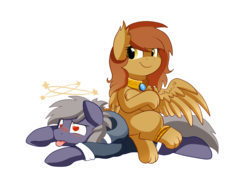 Size: 2494x1816 | Tagged: safe, artist:pridark, oc, oc only, oc:beat, oc:cleo, earth pony, pony, sphinx, blushing, circling stars, commission, crossed legs, cute, dizzy, duo, heart eyes, knockout, simple background, sitting, sitting on pony, sphinx oc, tongue out, transparent background, wingding eyes, wrestling, wristband
