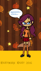 Size: 365x629 | Tagged: safe, artist:obeliskgirljohanny, oc, oc only, oc:cerise rose, human, 2016, animal costume, autumn, clothes, cosplay, costume, glasses, halloween, looking at you, nightmare night, scooby-doo!, solo, velma dinkley, werewolf costume