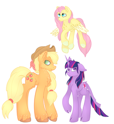 Size: 5495x5955 | Tagged: safe, artist:bewarethemusicman, applejack, fluttershy, twilight sparkle, classical unicorn, g4, absurd resolution, cloven hooves, horn, leonine tail, unshorn fetlocks