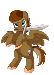 Size: 2550x3509 | Tagged: safe, artist:pridark, oc, oc only, oc:time saber, pegasus, pony, commission, high res, mouth hold, rearing, simple background, solo, sword, transparent background, unshorn fetlocks