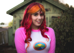 Size: 1024x738 | Tagged: safe, artist:maddymoiselle, photographer:taps, sunset shimmer, human, equestria girls, g4, my little pony equestria girls: legend of everfree, camp everfree, clothes, cosplay, costume, irl, irl human, photo, smiling, solo